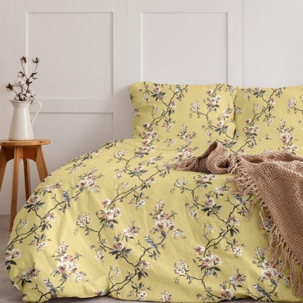 Cherry Blossom Floral Bedsheet - Mustard Yellow Cherry Blossom Floral Bedsheet - Mustard Yellow