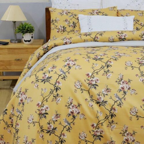 Cherry Blossom Floral Bedsheet - Mustard Yellow Cherry Blossom Floral Bedsheet - Mustard Yellow