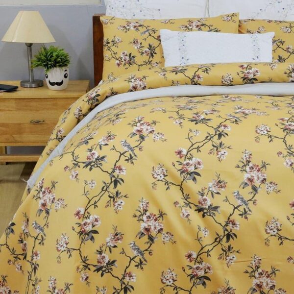 Cherry Blossom Floral Bedsheet - Mustard Yellow Cherry Blossom Floral Bedsheet - Mustard Yellow