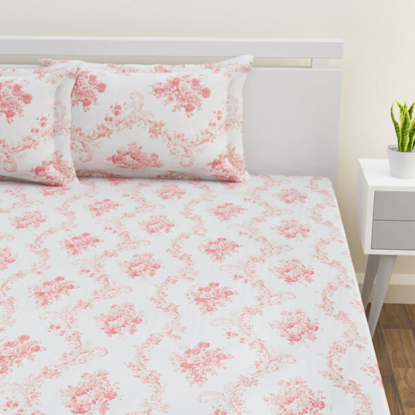 Kaureena Printed Bedsheet - White & Coral Kaureena Printed Bedsheet - White & Coral
