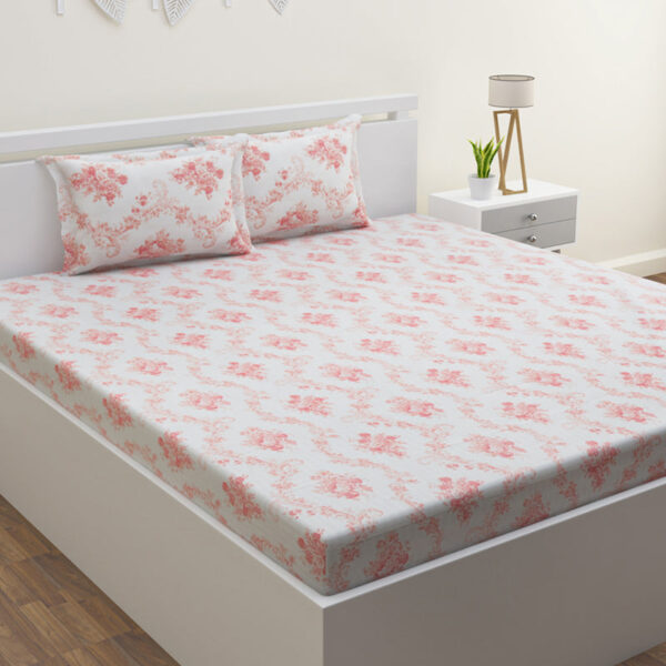 Kaureena Printed Bedsheet - White & Coral Kaureena Printed Bedsheet - White & Coral