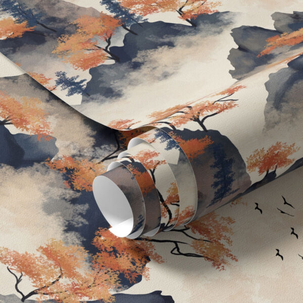 Wall Murals Autumn mountains in the fog with orange trees and birds a00104 Wall Murals Autumn mountains in the fog with orange trees and birds a00104