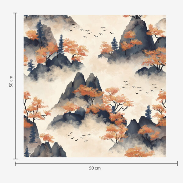 Wall Murals Autumn mountains in the fog with orange trees and birds a00104 Wall Murals Autumn mountains in the fog with orange trees and birds a00104