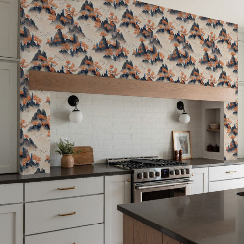 Wall Murals Autumn mountains in the fog with orange trees and birds a00104
