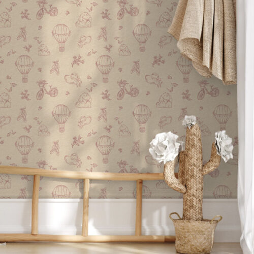 Wall Murals Baby pink pattern with dog, flowers and air a00279
