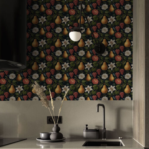 Wall Murals Baroque fruits and flowers on a dramatic dark background a00387