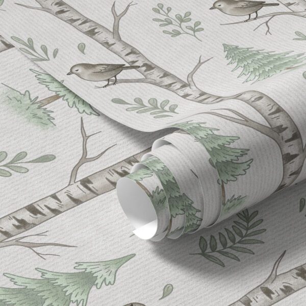 Wall Murals Birches with birds in a light green forest a00316 Wall Murals Birches with birds in a light green forest a00316