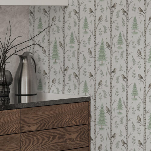 Wall Murals Birches with birds in a light green forest a00316