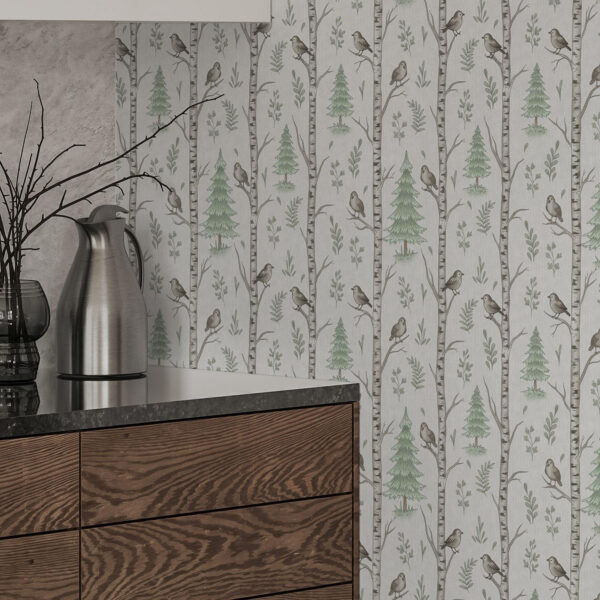 Wall Murals Birches with birds in a light green forest a00316 Wall Murals Birches with birds in a light green forest a00316