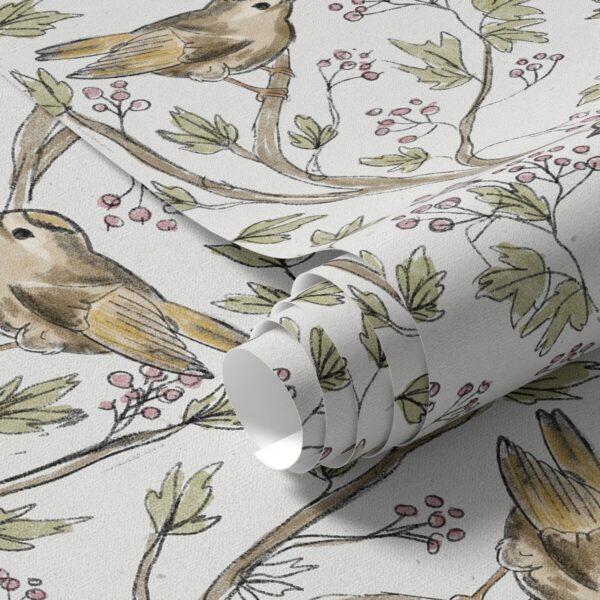Wall Murals Birds on branches with leaves and berries on a white background a00283 Wall Murals Birds on branches with leaves and berries on a white background a00283