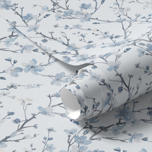 Wall Murals Blue cherry blossoms on a white background with soft contrast a00399 Wall Murals Blue cherry blossoms on a white background with soft contrast a00399