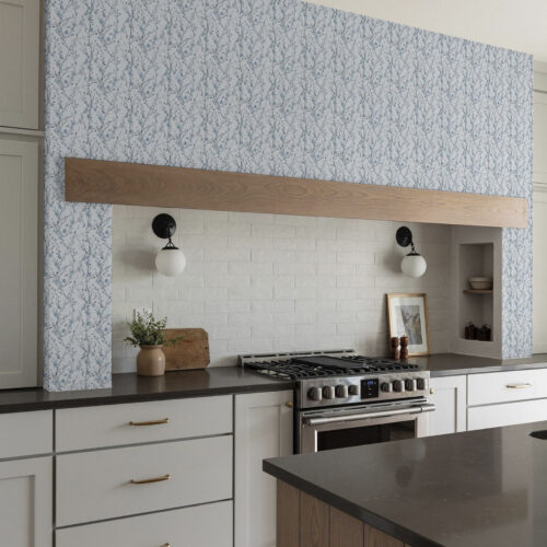 Wall Murals Blue cherry blossoms on a white background with soft contrast a00399