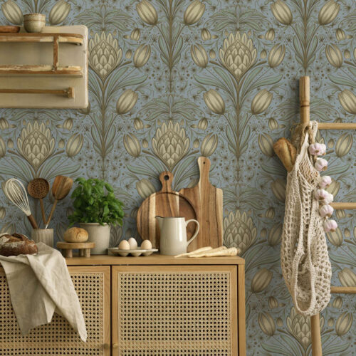 Wall Murals Blue pattern with artichokes and tulips a00435