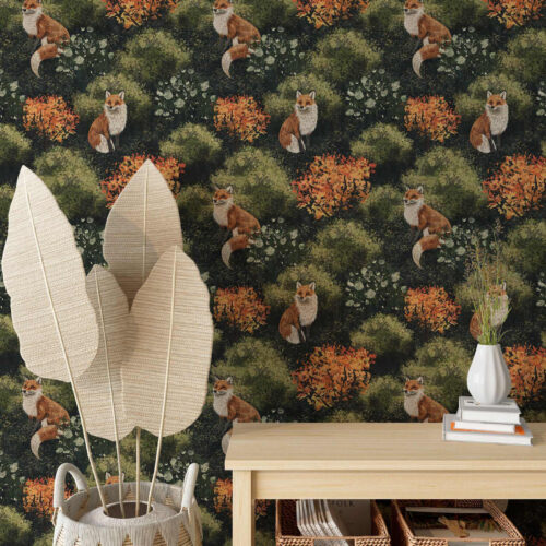 Wall Murals Chanterelles in the forest with autumn bushes on a dark background a00101