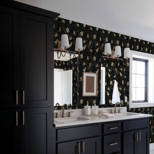Wall Murals Composition of light flowers and dark leaves on a dark background a00053