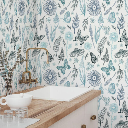Wall Murals Contour butterflies and flowers in blue and blue tones a00311