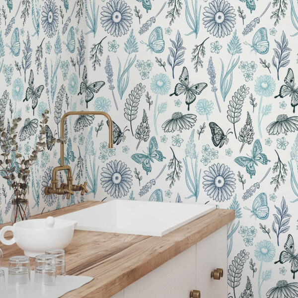 Wall Murals Contour butterflies and flowers in blue and blue tones a00311 Wall Murals Contour butterflies and flowers in blue and blue tones a00311