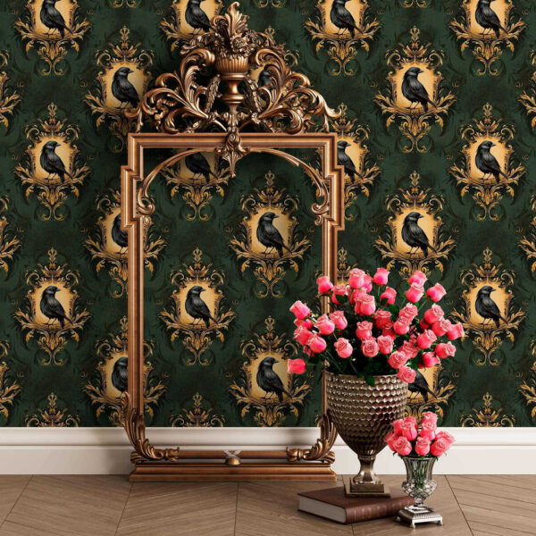 Wall Murals Crow in a frame on a green background a00105