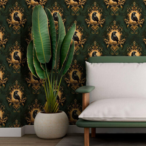 Wall Murals Crow in a frame on a green background a00105