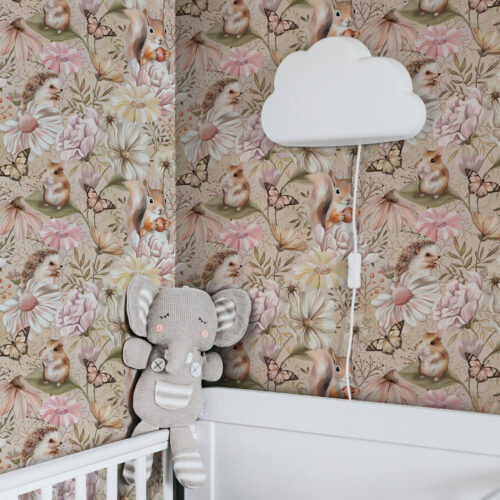 Wall Murals Cute hedgehog, squirrel, hamster and butterflies with flowers in pastel colors a00051