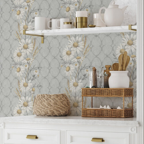 Wall Murals Daisies on gray background with geometric pattern a00269