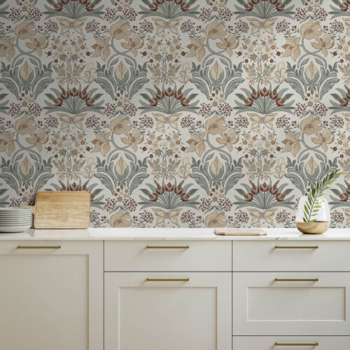 Wall Murals Decorative lilies and a butterfly on a cream background a00500