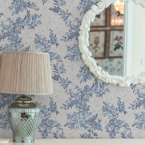 Wall Murals Delicate flowers and leaves in blue and blue colors on a light background a00027