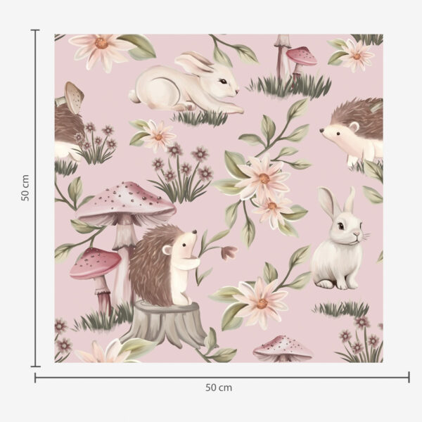 Wall Murals Fairy-tale style hedgehogs, rabbits and flowers among mushrooms on pink background a00111 Wall Murals Fairy-tale style hedgehogs, rabbits and flowers among mushrooms on pink background a00111