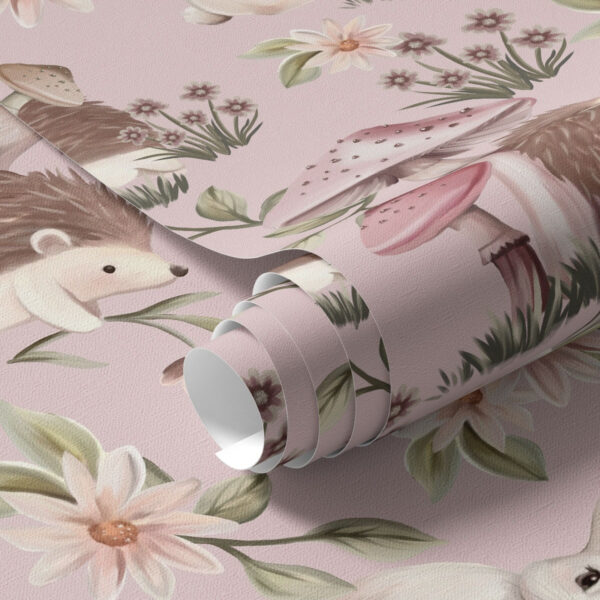 Wall Murals Fairy-tale style hedgehogs, rabbits and flowers among mushrooms on pink background a00111 Wall Murals Fairy-tale style hedgehogs, rabbits and flowers among mushrooms on pink background a00111