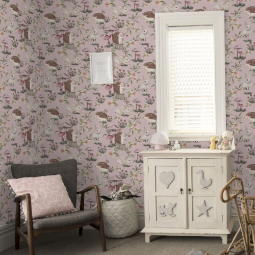 Wall Murals Fairy-tale style hedgehogs, rabbits and flowers among mushrooms on pink background a00111
