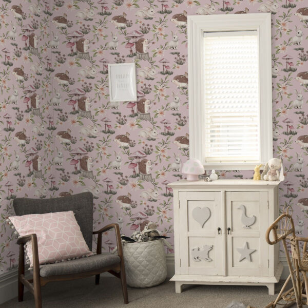 Wall Murals Fairy-tale style hedgehogs, rabbits and flowers among mushrooms on pink background a00111 Wall Murals Fairy-tale style hedgehogs, rabbits and flowers among mushrooms on pink background a00111