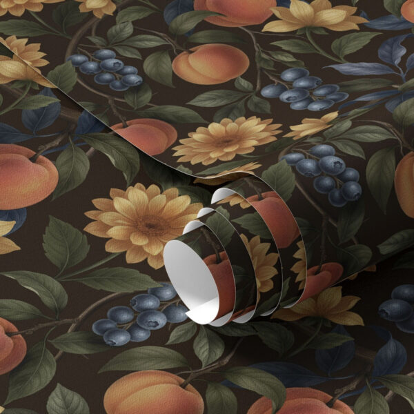 Wall Murals Fruits and golden flowers on dark botanical background a00395 Wall Murals Fruits and golden flowers on dark botanical background a00395
