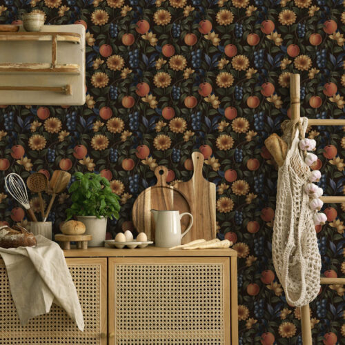 Wall Murals Fruits and golden flowers on dark botanical background a00395