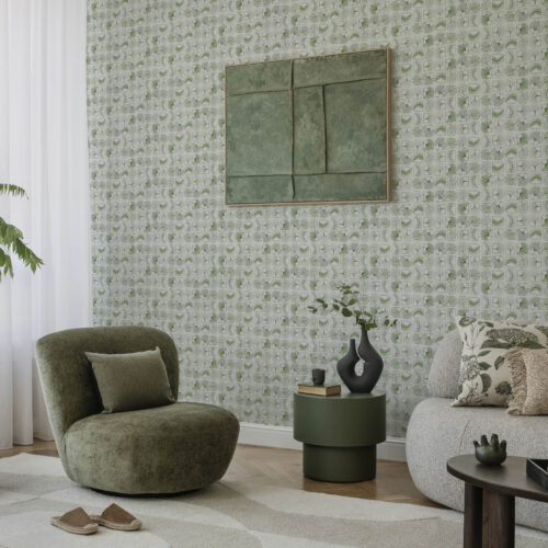 Wall Murals Graphic pattern with green leaves in squares a00287