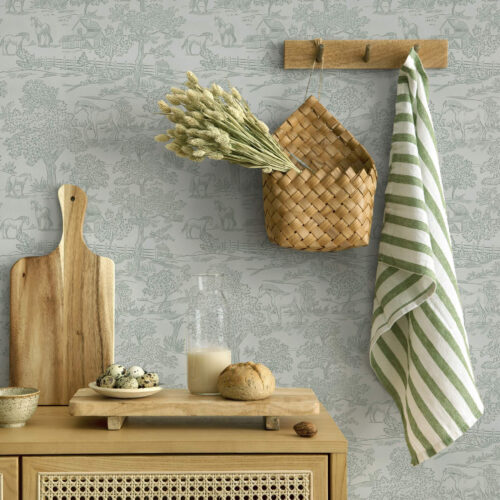 Wall Murals Green monochrome landscape with horses and cottages a00407