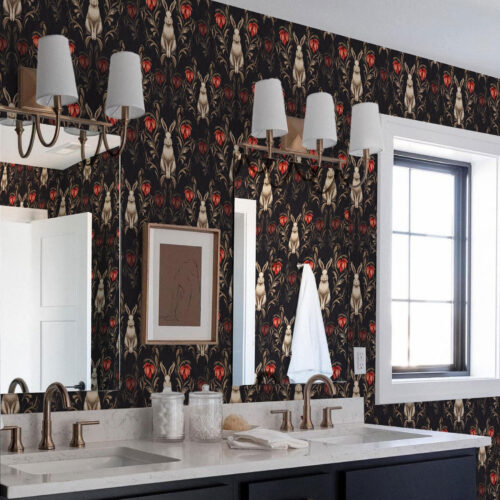 Wall Murals Hare and red flowers on a dark background a00102