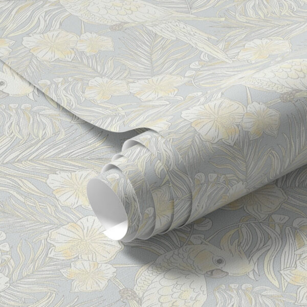 Wall Murals Light tropical print with cockatoos and flowers on a blue background a00203 Wall Murals Light tropical print with cockatoos and flowers on a blue background a00203