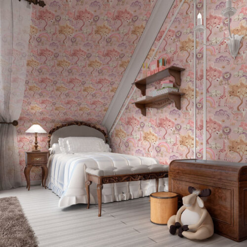 Wall Murals Lion cubs, giraffes and rainbows in a pastel forest a00112