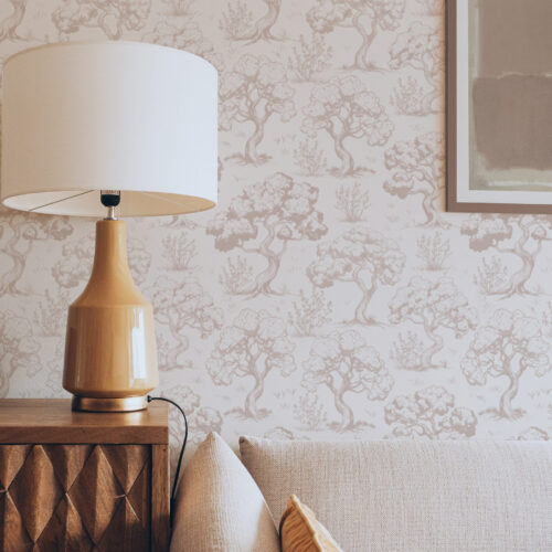 Wall Murals Monochromatic silhouettes of trees in vintage style, beige color scheme a00210