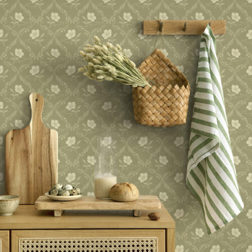 Wall Murals Olive trellis with cream flowers, retro ornament a00585