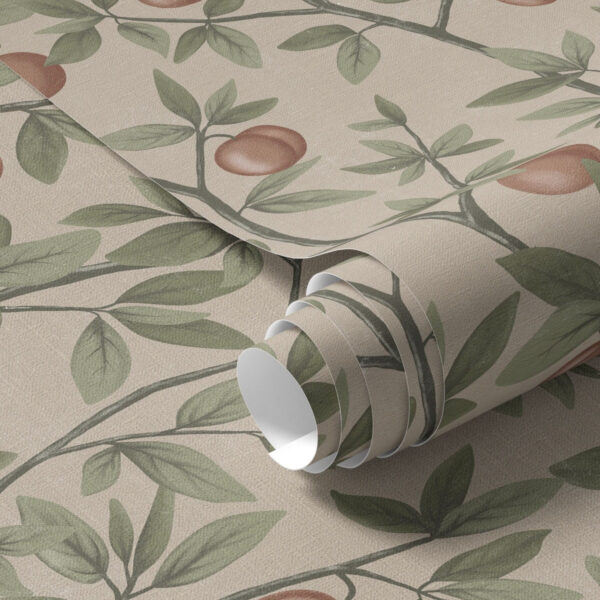 Wall Murals Peaches on branches with green leaves on beige background a00429 Wall Murals Peaches on branches with green leaves on beige background a00429
