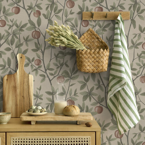 Wall Murals Peaches on branches with green leaves on beige background a00429