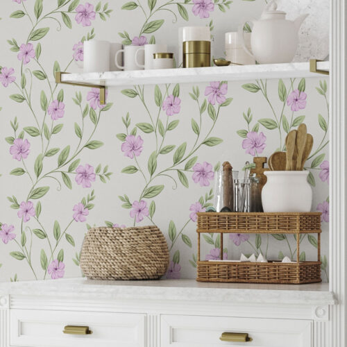 Wall Murals Pink flowers with green vines on a cream background a00453
