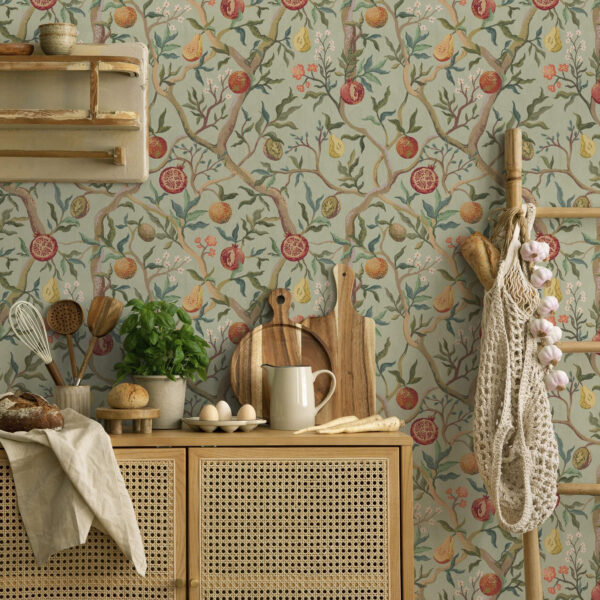 Wall Murals Pomegranate fruits, pears and flowers on a pale green background a00465 Wall Murals Pomegranate fruits, pears and flowers on a pale green background a00465