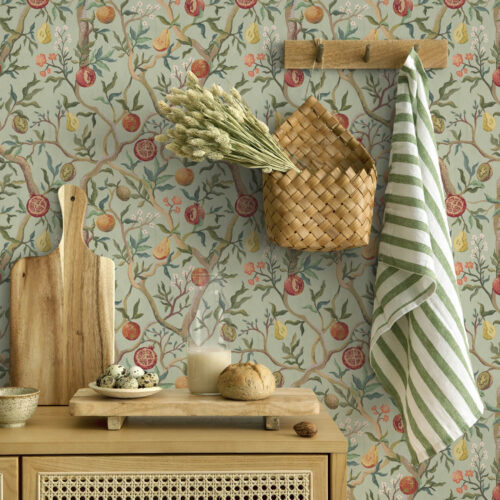 Wall Murals Pomegranate fruits, pears and flowers on a pale green background a00465