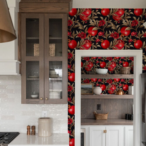 Wall Murals Pomegranates and flowers on a dark background in Mediterranean style a00115