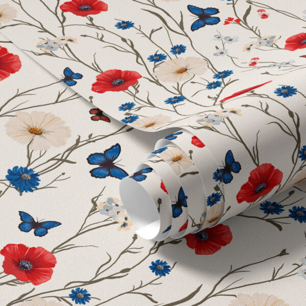 Wall Murals Poppies, daisies and butterflies on white background a00072 Wall Murals Poppies, daisies and butterflies on white background a00072