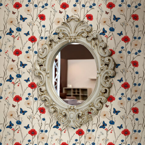 Wall Murals Poppies, daisies and butterflies on white background a00072