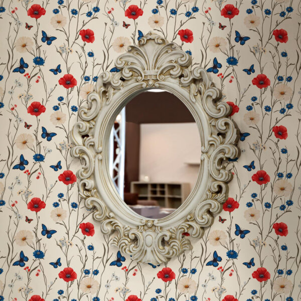 Wall Murals Poppies, daisies and butterflies on white background a00072 Wall Murals Poppies, daisies and butterflies on white background a00072