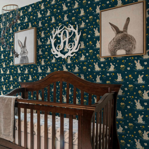 Wall Murals Rabbits in grass and flowers on dark background a00080